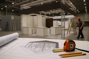 A trade fair booth construction in a large hall. In the foreground, there is a blueprint on a table, next to it a measuring tape and two pencils. In the background, there are unfinished exhibition stands and a person wearing a safety helmet.