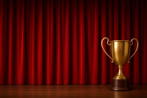 Geschlossener roter Vorhang auf einer Bühne Auf der rechten Seite sieht man einen großen Pokal.