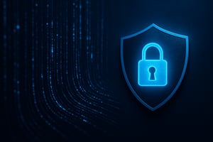 Dark blue background with stylized data streams. On the right you can see a shield with a closed lock on it, representing information security.