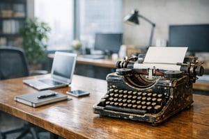 Old typewriter in a modern office next to a brand new laptop.