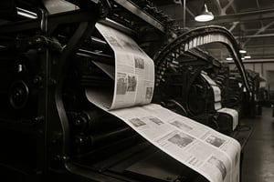Old school newspaper production from inside showing only the machines producing newspapers. The focus point of the image is a closer look on a specific roll of newspaper being printed.