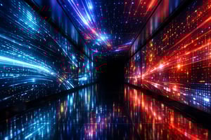 A modern LED display tunnel with futuristic blue and orange visuals.