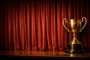 Geschlossener roter Vorhang auf einer Bühne Auf der rechten Seite sieht man einen großen Bronze-Pokal.