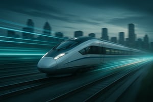 Moderner Hochgeschwindigkeitszug, dargestellt mit dynamischen Lichtspuren, der von rechts nach links fährt. Im Hintergrund zeichnet sich eine große Skyline ab.