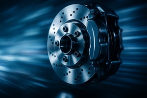 Nahaufnahme einer glänzenden Bremsscheibe mit metallischen Reflexionen, futuristischer Beleuchtung, abstrakter Bewegungsunschärfe im Hintergrund, Hightech-Atmosphäre sowie Silber- und Blautönen.