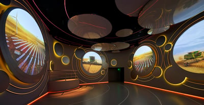 The interior of the USA Pavilion at Expo 2025 in Osaka, featuring circular design elements illuminated from behind to create an atmospheric effect.