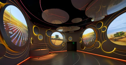 Das Innere des USA Pavillions auf der Expo 2025 in Osaka mit runden Designelementen, die von hinten atmosphärisch beleuchtet werden.
