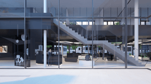 A view through large glass windows into a modern interior featuring a staircase leading to the upper floor and various seating areas.