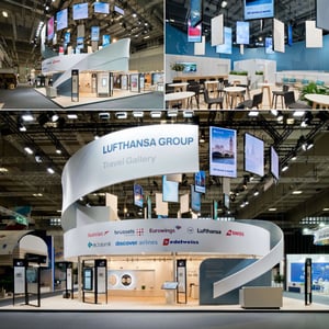 Modern exhibition stand featuring airplane fuselage design with window sections, bright hallway with industrial lighting and exposed ducts.