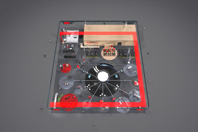 3D visualisation of a top view of the SEW-EURODRIVE stand at HMI 2025, showing how the stand area is divided into different functional zones such as the reception and meeting rooms.