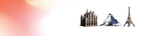 Illustration featuring three iconic landmarks: Milan Cathedral, the Matterhorn, and the Eiffel Tower against a white background with a soft gradient in red and yellow.