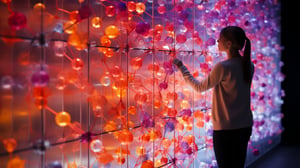 A digital experience wall featuring spherical sensory elements that glow blue and orange. A woman stands in front of it, looking at it, and touches one of the installations.