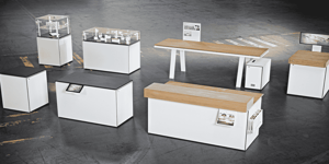 Modular display units from the ET GLOBAL Concept (C8) exhibition stand system, featuring display cabinets, counters and tables for versatile brand presentations.