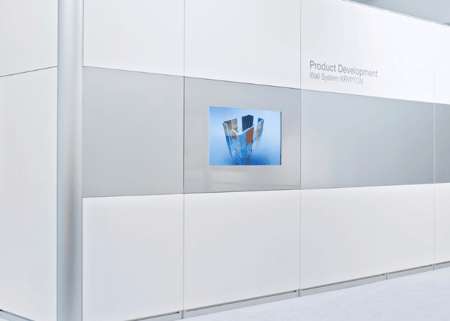 ET GLOBAL Concept (C8) exhibition stand system: a modular wall system with an integrated display area for flexible exhibition and brand spaces.