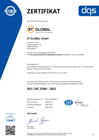 ET GLOBAL's ISO 27001 certificate in German