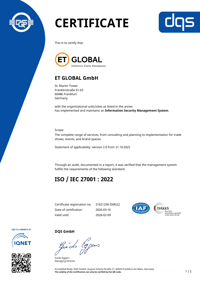 ET GLOBAL's ISO 27001 certificate in English