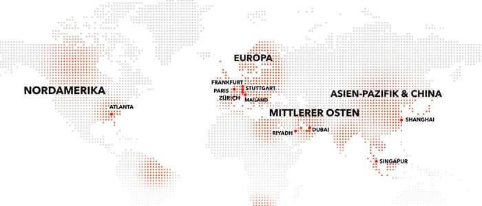 World map showing ET GLOBAL locations with red dots in Atlanta, Frankfurt, Paris, Zurich, Stuttgart, Milan, Riyadh, Dubai, Shanghai, and Singapore, grouped by region.
