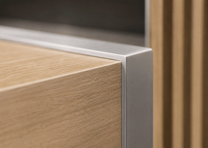 Close-up of wood and aluminum used for a trade show booth.