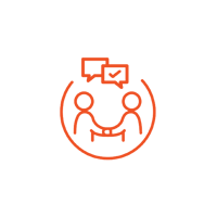 Icon showing two illustrated people shaking heads. Above them are two rectangular-shaped speech bubbles. One of them indicates a checkmark. This scene is surrounded by an outlined orange circle.