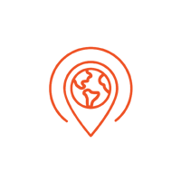 Icon showing an illustration of the globe in a maps pin surrounded by an outlined orange circle.