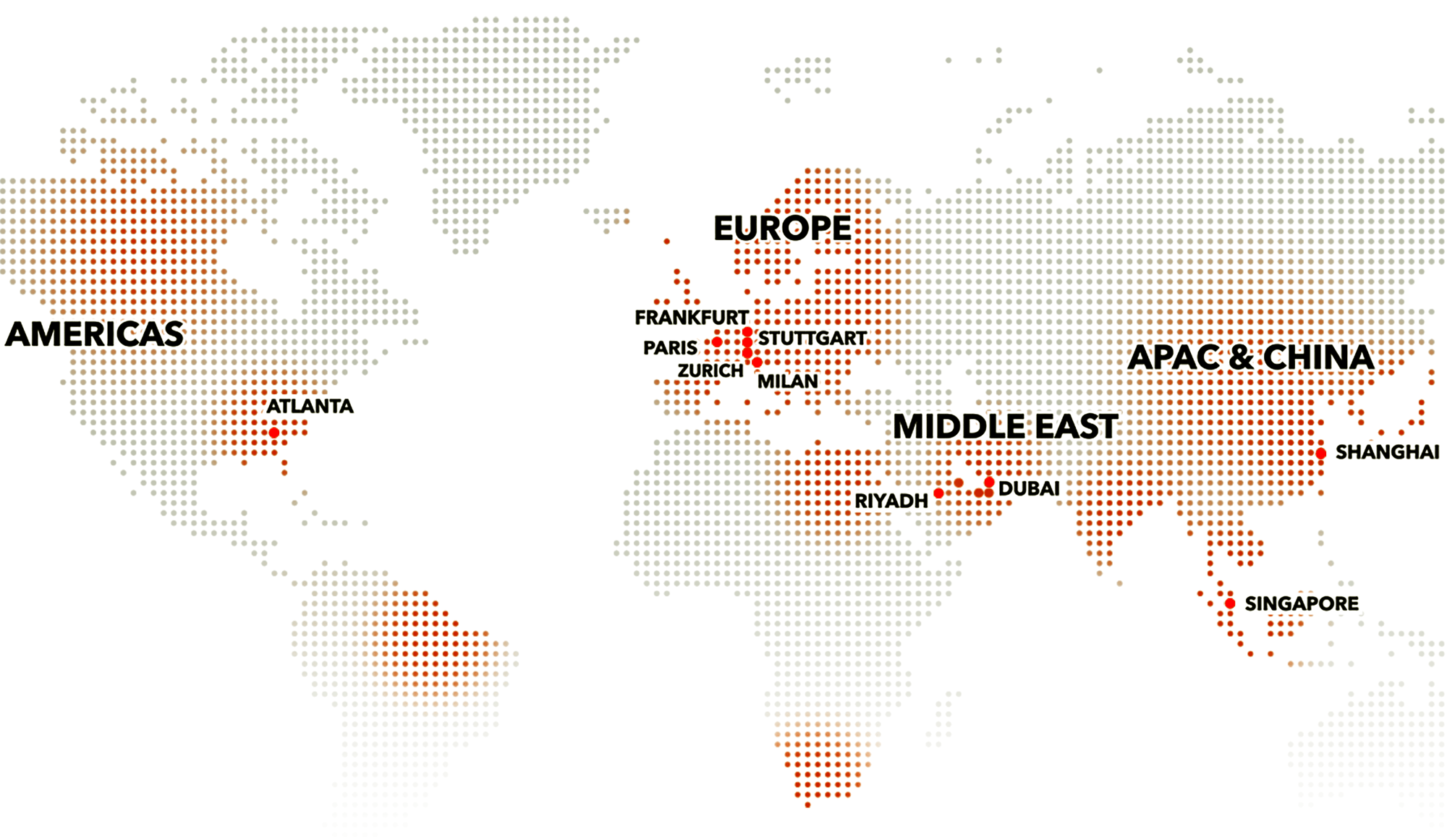 Weltkarte mit den Standorten von ET GLOBAL, dargestellt durch rote Punkte in Atlanta, Frankfurt, Paris, Zürich, Stuttgart, Mailand, Riad, Dubai, Shanghai und Singapur, gruppiert nach Regionen. Weltkarte mit den Standorten von ET GLOBAL, dargestellt durch rote Punkte in Atlanta, Frankfurt, Paris, Zürich, Stuttgart, Mailand, Riad, Dubai, Shanghai und Singapur, gruppiert nach Regionen.
