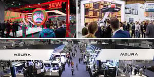 Collage of three exhibition stands. The first one impresses with large red structures and machine components. The second one shows automated storage solutions and robotics systems. The third stand shows white banners and numerous visitors at the exhibition center.