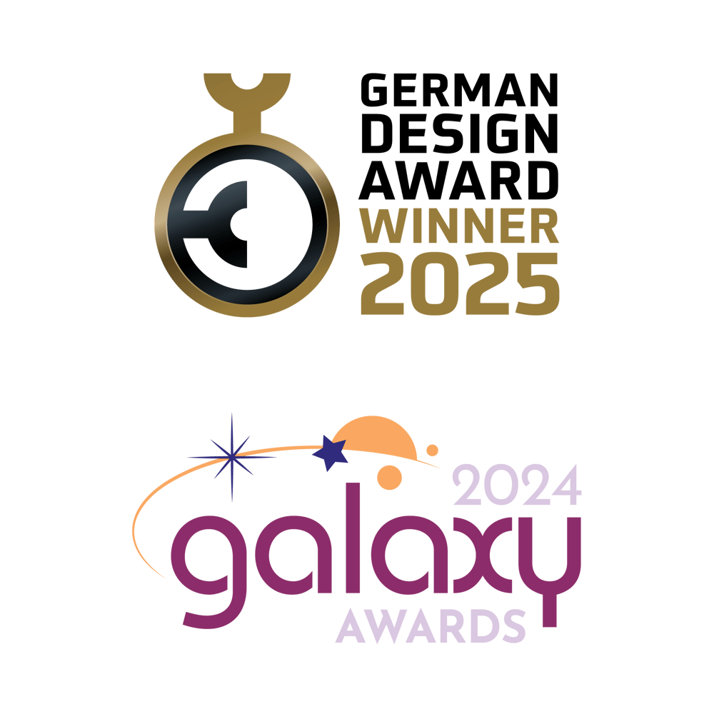 The logos of the GERMAN DESIGN AWARD WINNER 2025 and galaxy AWARDS 2024