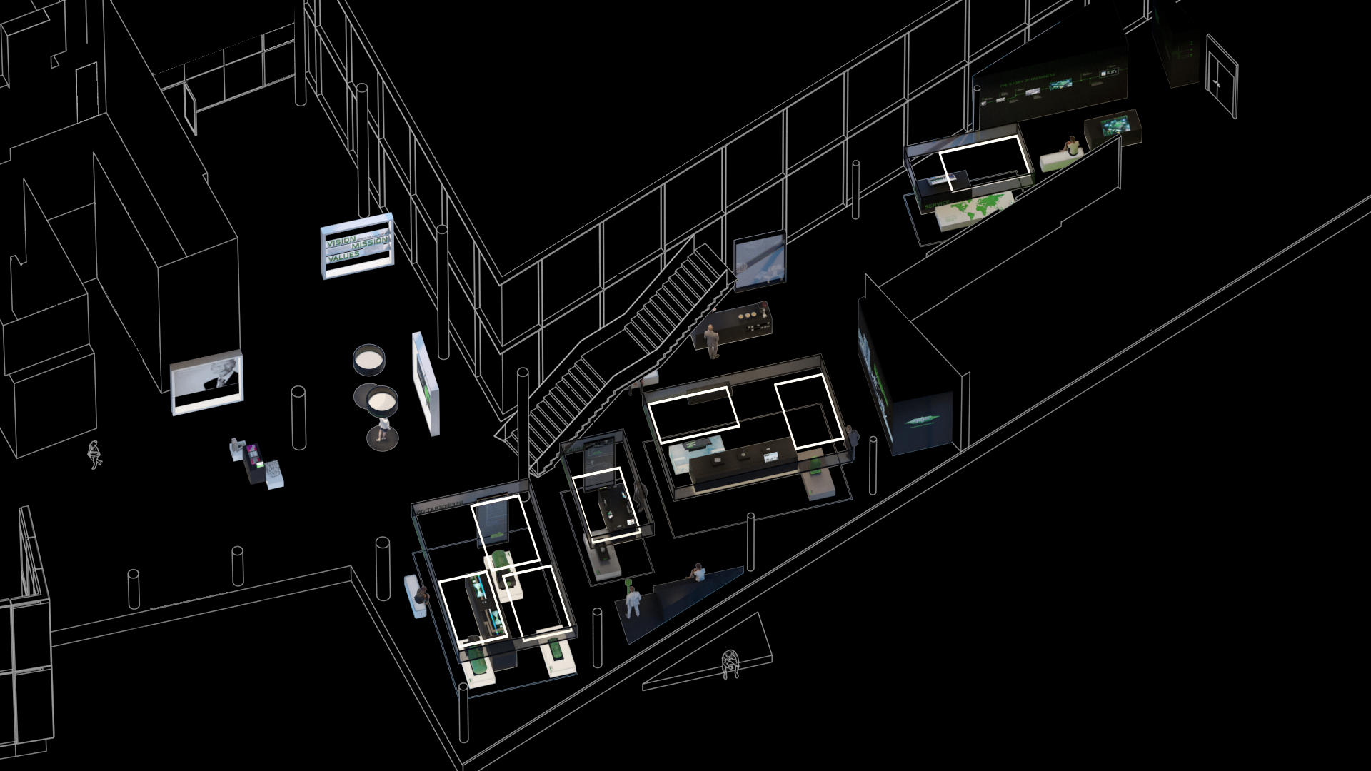 Floor plan of the Bitzer showroom with black background and rectangular design elements.