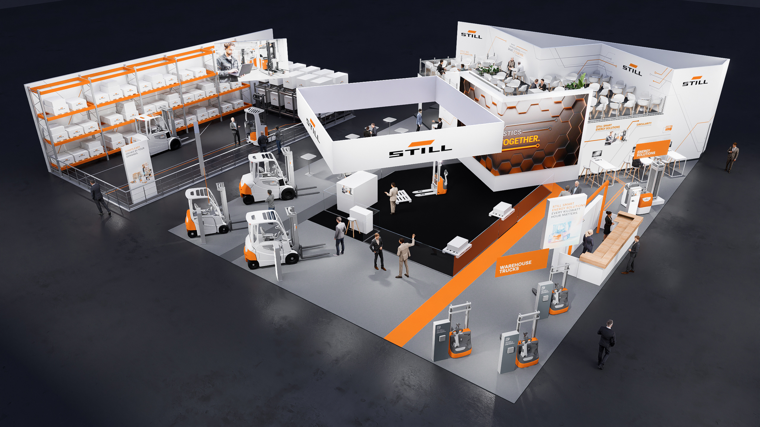 3D-Rendering des STILL-Messestandes für die LOGIMAT 2024 mit Gabelstaplern, Informationsständen und einer großen LED-Wand, die übers Eck geht.